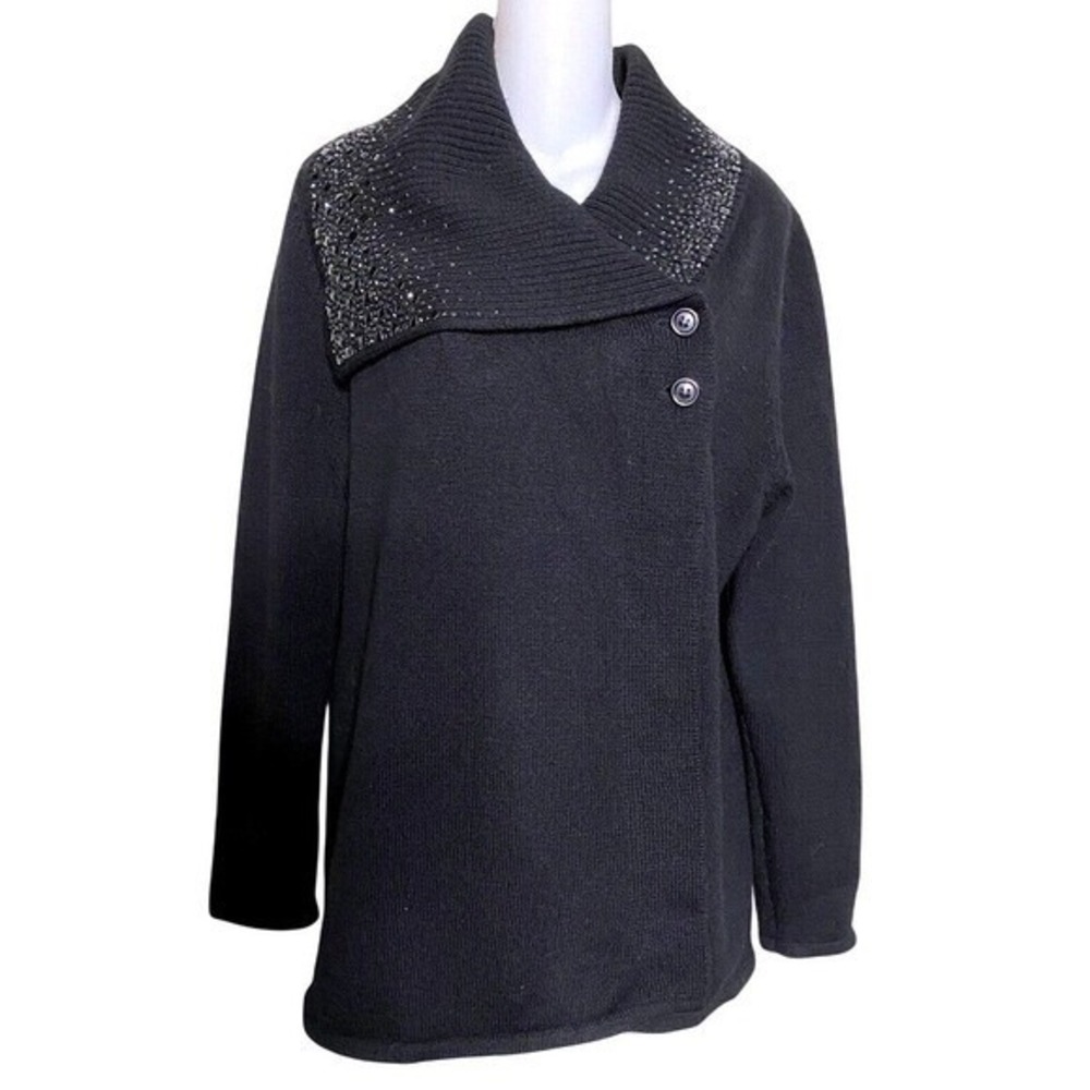 Christine Alexander Wool Cardigan Embellished Shawl Collar Black Size M Sweater